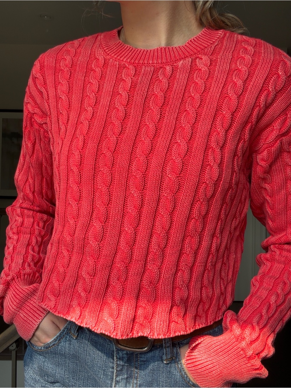 aerie Cable Knit Crewneck Sweater - Coral